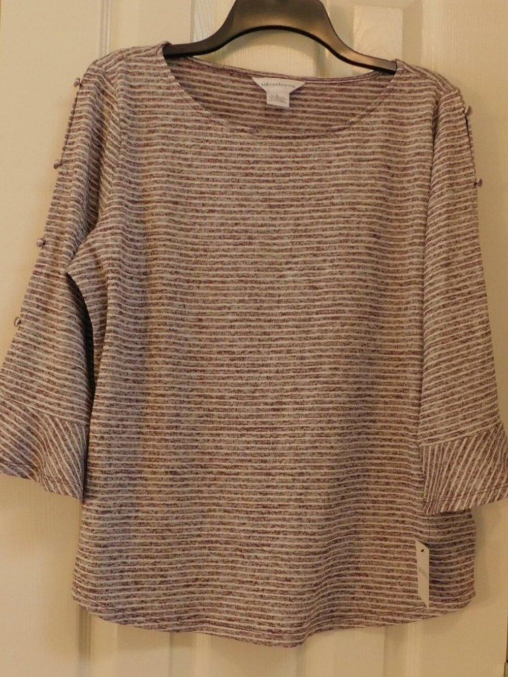 LIZ CLAIBORNE Womens Striped Scoop Neck 3/4 Bell Sleeve Burgundy Large NWT